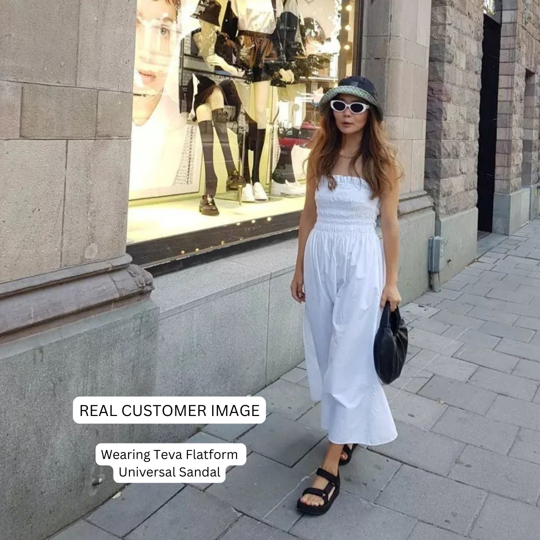 Women in a European town wearing Teva sandals, showcasing their versatility and comfort for travel