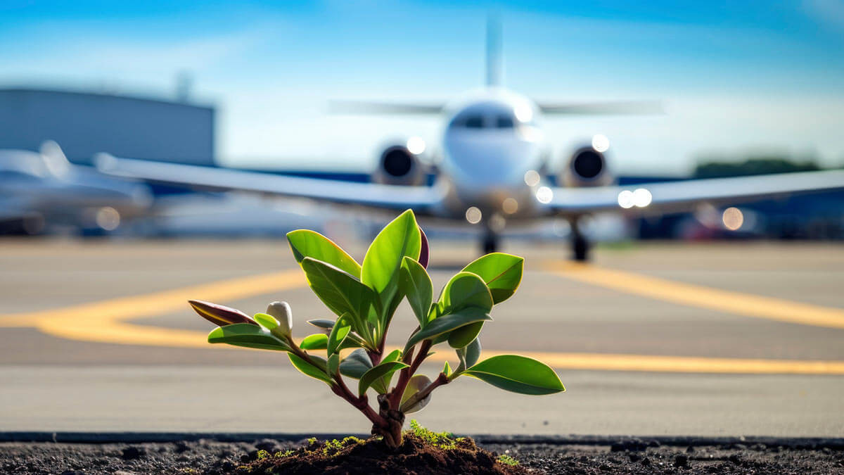 An airport that features trees and greenery on it. Greenery on an airport is a form of greenwashing because it eludes to travelers that the business is sustainable.
