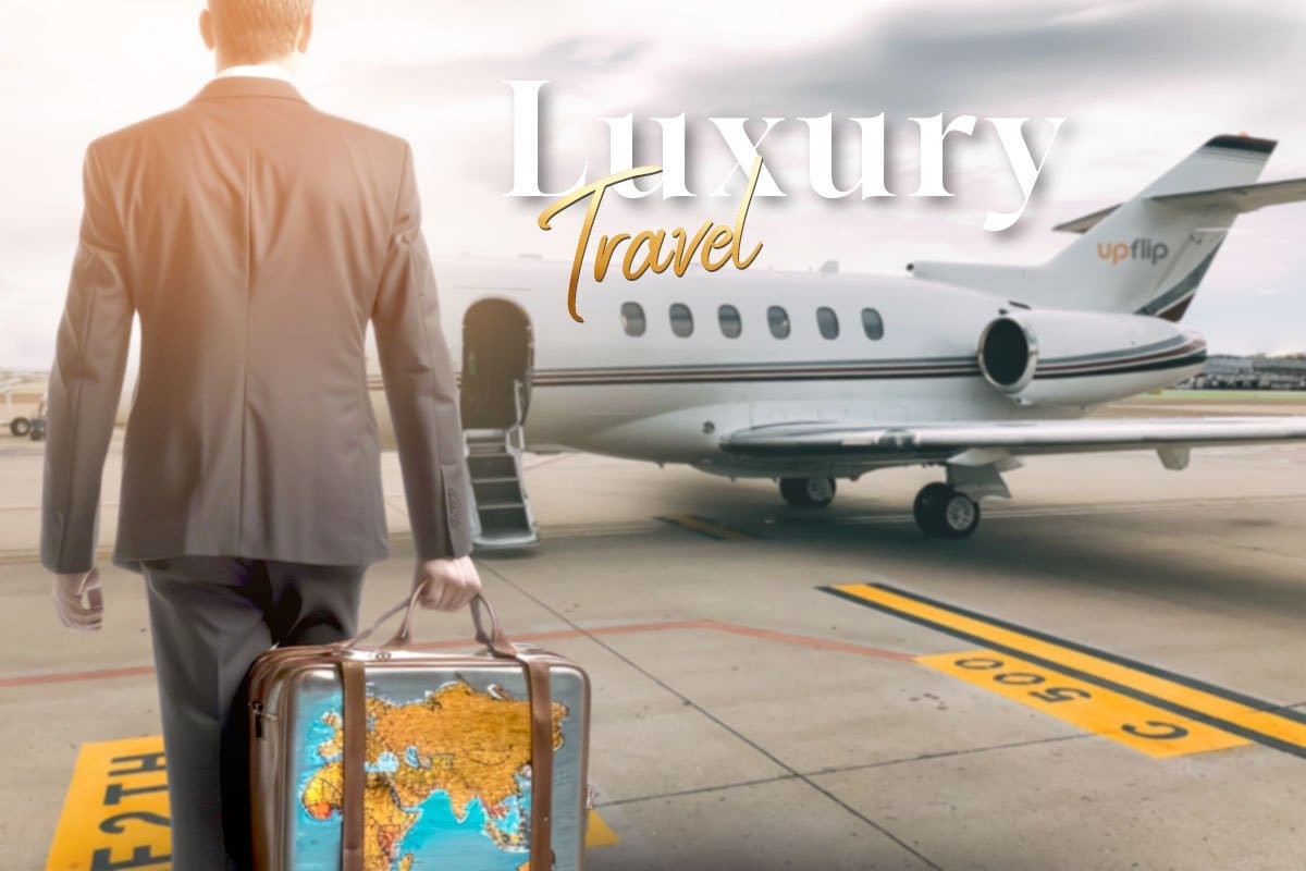 Man with suitcase boarding private jet