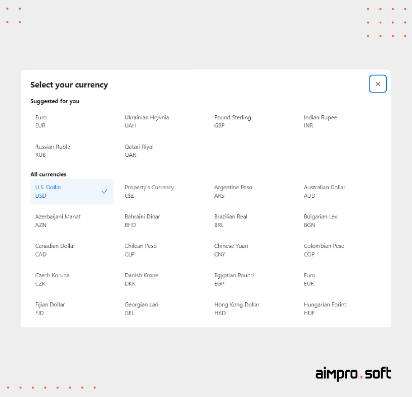 The list of currencies on Booking.com