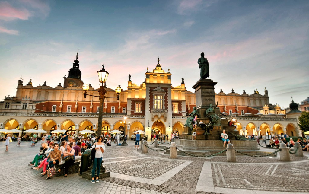 Empty Cloth Hall in Krakow, Poland, indicating fewer tourists due to the conflict