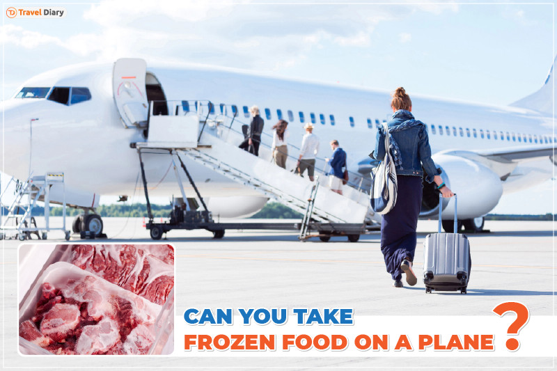 A close-up of a cooler bag filled with ice packs and frozen food, emphasizing proper packing for air travel.