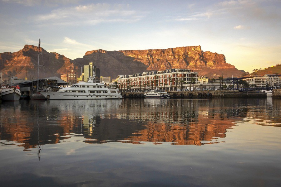 View of Cape Town and Table Mountain with colorful houses in the foreground