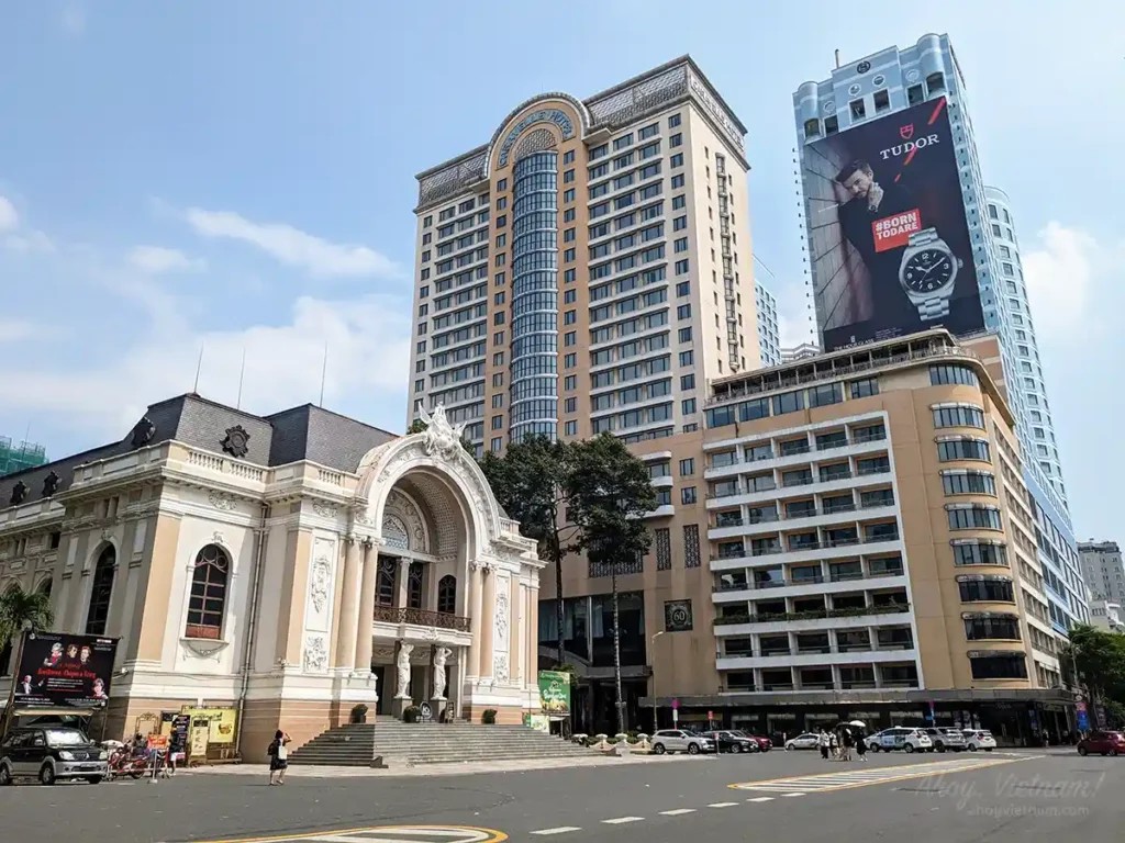Caravelle Saigon Hotel in the background and the Ho Chi Minh City Opera House on the left, District 1, Ho Chi Minh City, Vietnam.