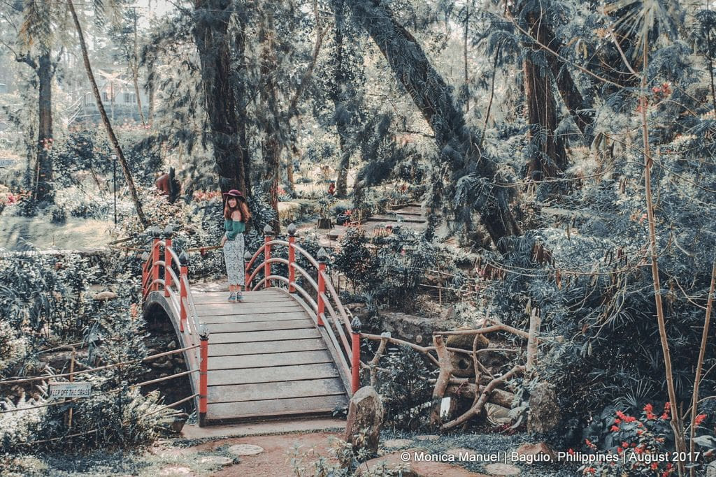 Woman walking on a picturesque bridge in Baguio Botanical Garden, surrounded by lush greenery and vibrant flowers