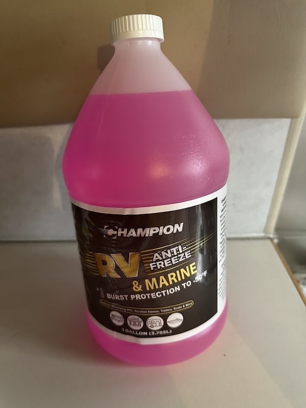 RV anti-freeze protects your toilet, grey tank, black tank and water lines