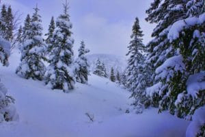 Chic-Choc Mountains in Gaspésie National Park, Quebec covered in snow