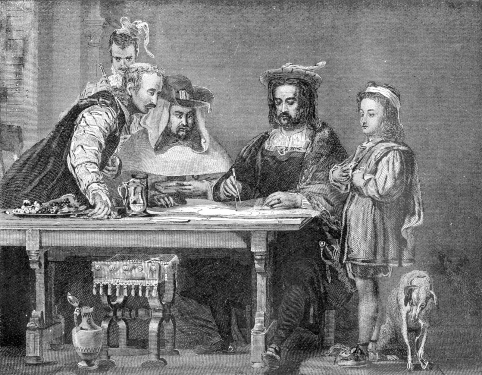 Christopher Columbus (second from right) planning his expedition to the New World.