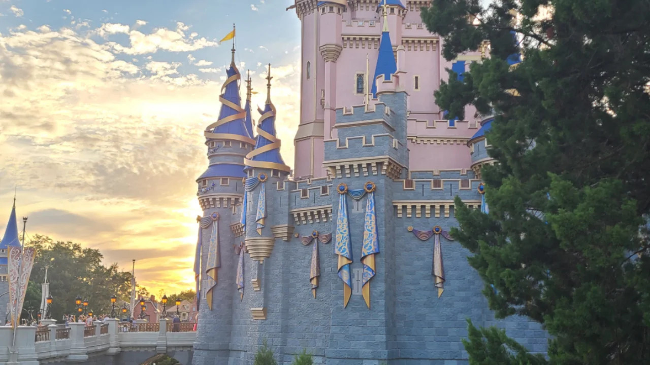 Cinderella Castle at Walt Disney World at Dusk looking into Liberty Square