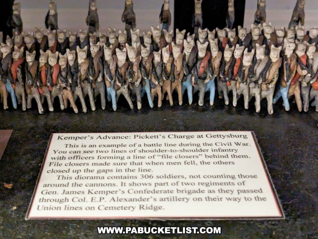 A close-up of a diorama at the Civil War Tails Diorama Museum in Gettysburg, PA, illustrating Kemper