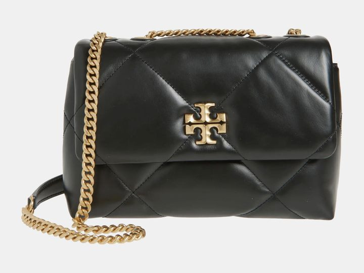 Tory Burch Kira shoulder bag in black with gold chain.
