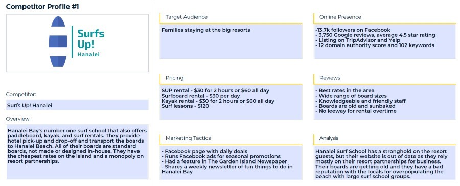 Competitor profile of a surf school operator