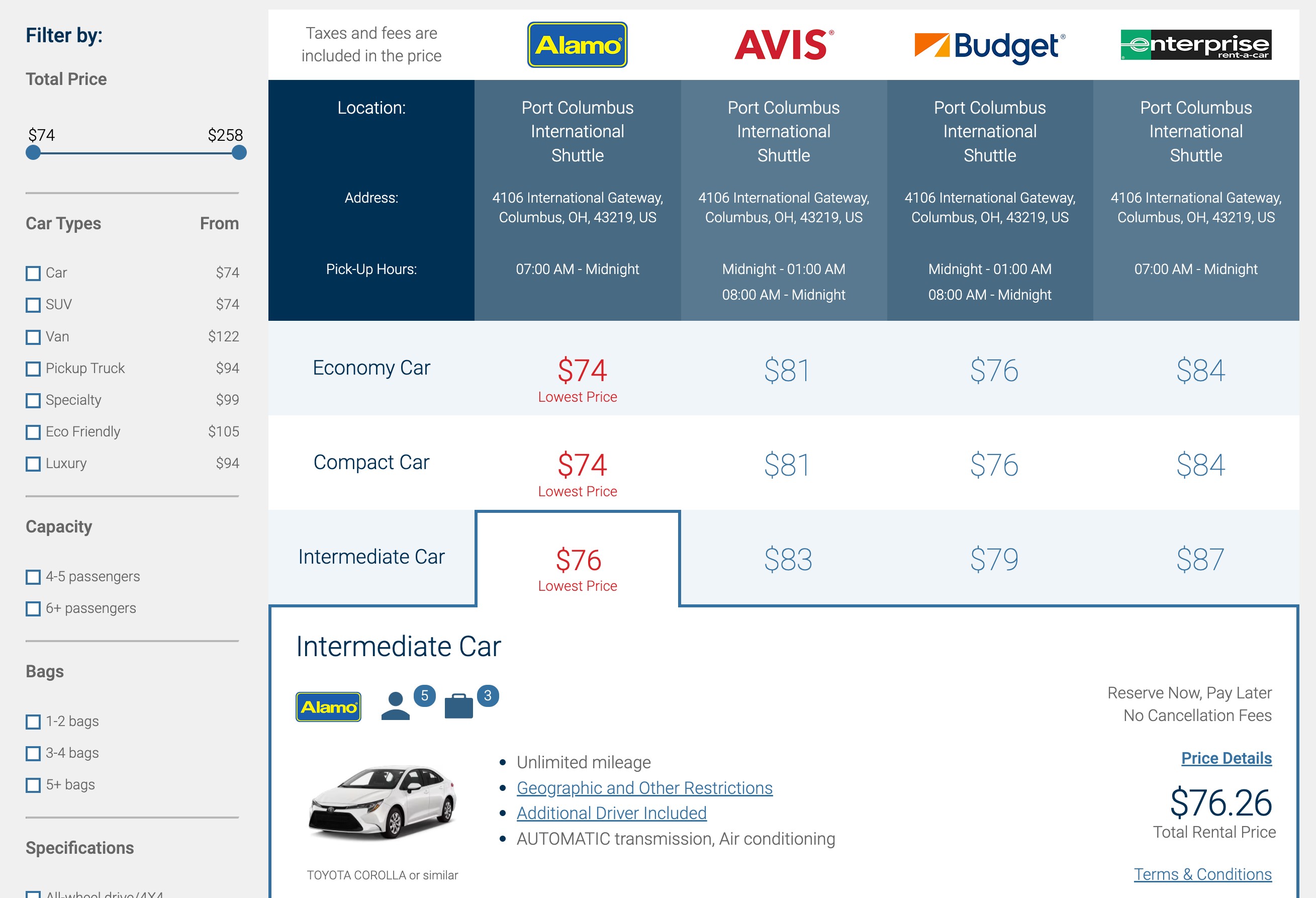Costco Travel car rental search results