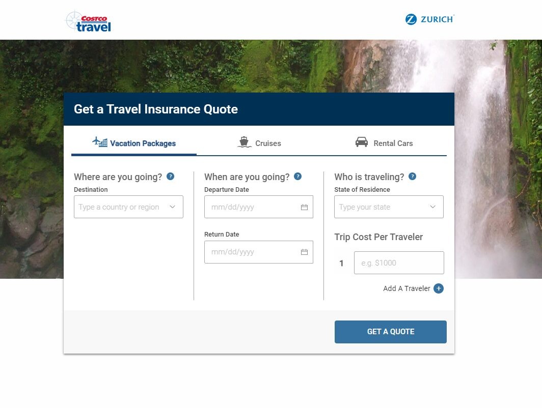 Screenshot of Costco travel website where you can get a quote for travel insurance
