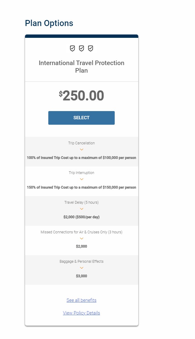 Screenshot of the Costco Travel Plan options, showing a card with the International Travel Protection Plan priced at 0. 