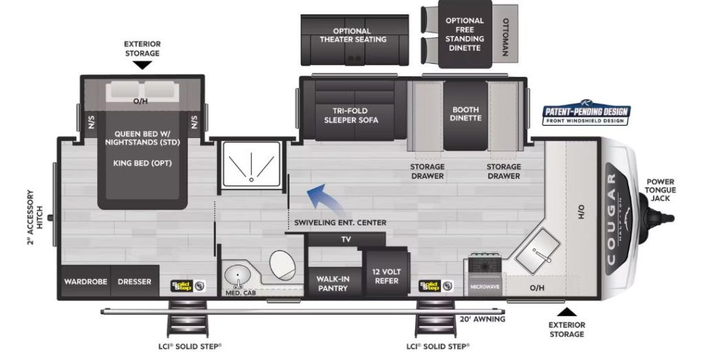 Cougar 25FKD front kitchen with bed slide couples camper floor plan