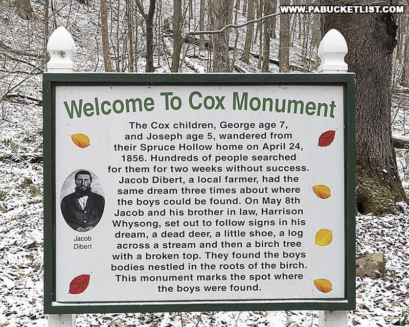Sign next to the Cox Monument on State Game Lands 26 in Bedford County PA