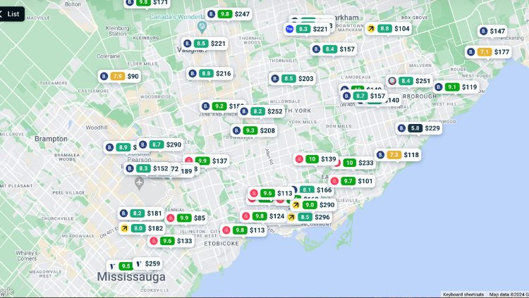 Map of booking options showing diverse listings from Cozycozy.com