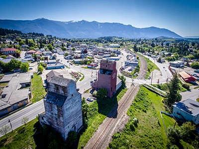 Aerial view of Creston Silo with Purcell and Selkirk mountain ranges