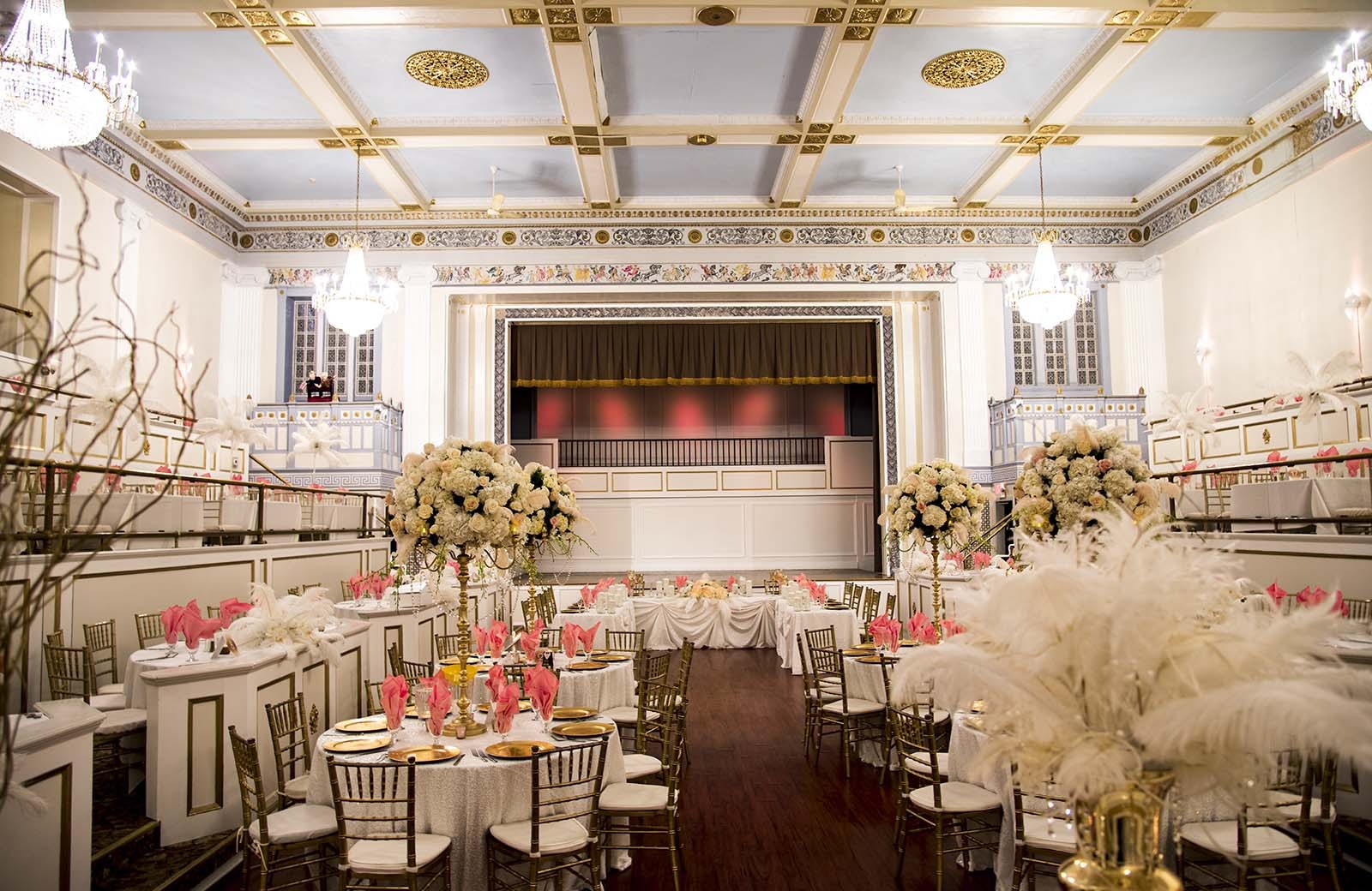 The Crystal Ballroom: A view of the stage and floor in the Crystal Ballroom from the second tier seating area.