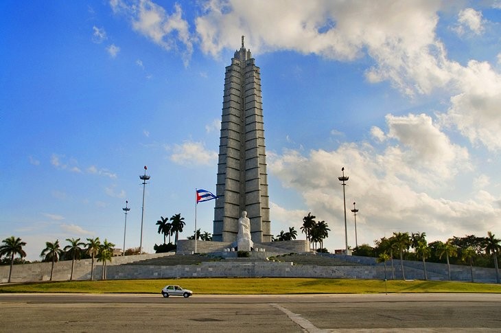 Overview of Plaza de la Revolucion in Havana, Cuba, with the Jose Marti Memorial and surrounding buildings