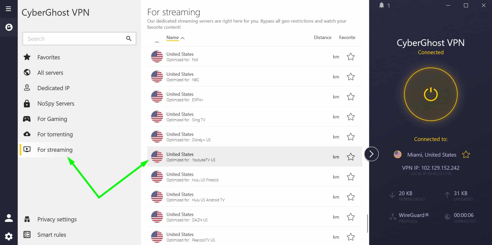 CyberGhost YouTube TV server