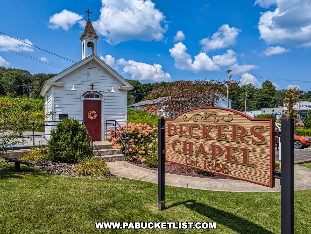 Decker's Chapel in Elk County, PA, showcasing the exterior of the smallest church in Pennsylvania with its white wooden structure, red door, and surrounding greenery.