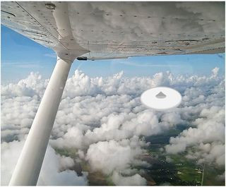 Artist's view of an aerial encounter with an unidentified flying object, speculating on potential reasons for such visits.