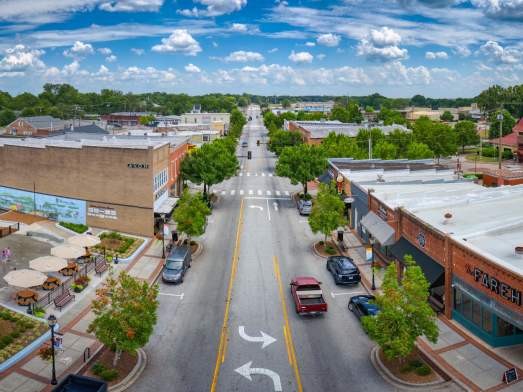 Aerial shot of Main Street in downtown Fountain Inn, SC.