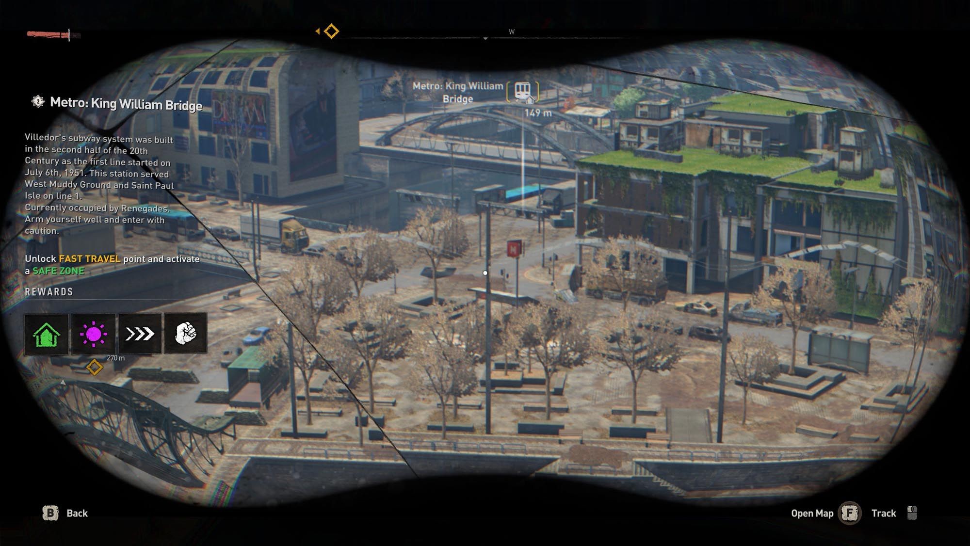 Aiden using binoculars to spot metro stations in Dying Light 2