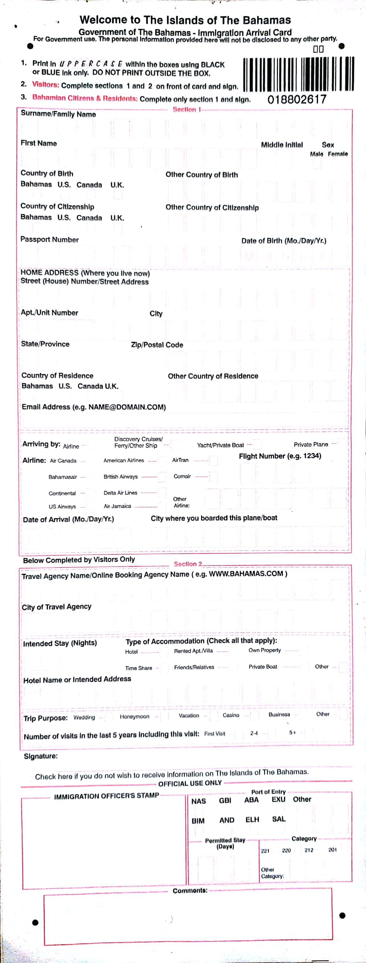 Bahamas Entry Card Sample