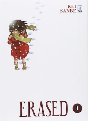 Cover of Erased manga, drawing of young girl in coat and scarf walking through snow