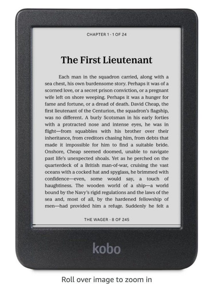 E-reader showing a white screen and black frame, perfect for travel reading