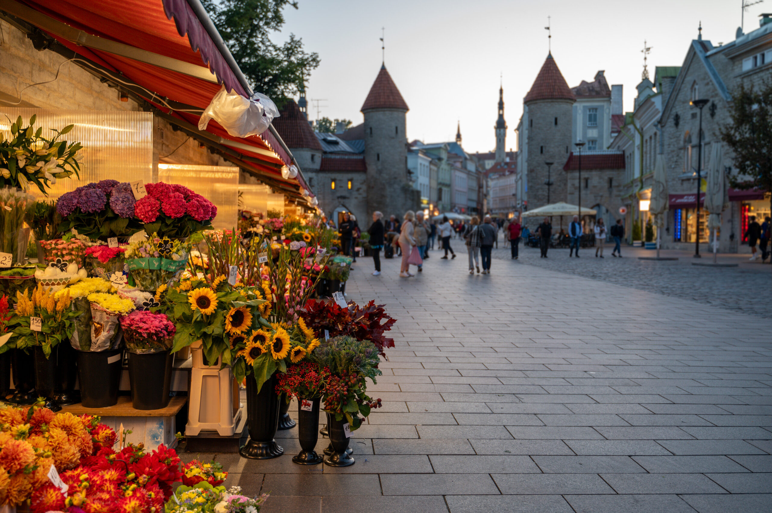 Flowers market in Estonia’s old town Tallinn on a summer evening, also a walkable, pleasant and safe location.
