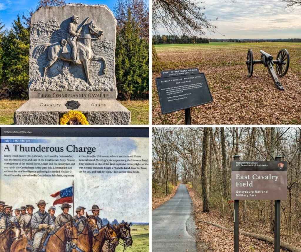 A collage of four photos showcasing East Cavalry Field in Gettysburg, Pennsylvania, a key site of the July 3, 1863, cavalry battle. The top left image features the Third Pennsylvania Cavalry Monument, honoring the regiment