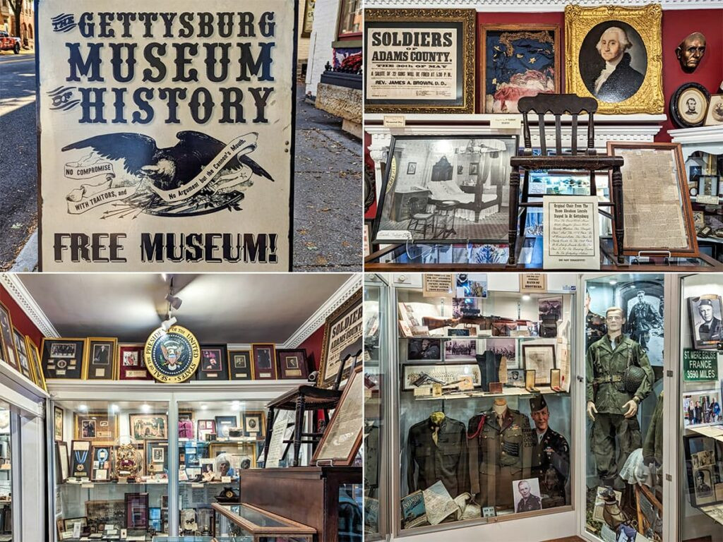 A photo collage from the Gettysburg Museum of History in Gettysburg, Pennsylvania. Top left shows the museum