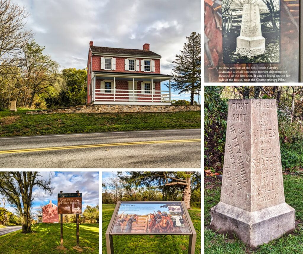 The collage features five photos capturing different aspects of the historic site where the first shot of the Battle of Gettysburg was fired. The central image is of the Wisler House, a red brick two-story building with white trim, sitting atop a stone foundation with a porch facing the Chambersburg Pike. In the top right, an image shows a vintage photograph of a stone monument, with a caption detailing its dedication by veterans of the 8th Illinois Cavalry in 1886. Below, a sign points to the 