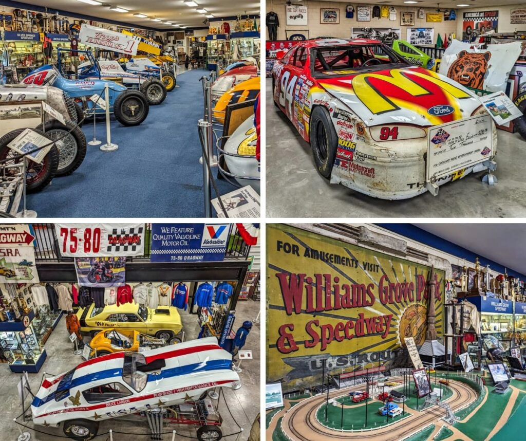 A collage of four photos taken at the Eastern Museum of Motor Racing in Adams County, Pennsylvania, showcasing various exhibits. The top left image features a collection of vintage sprint cars, including the blue 