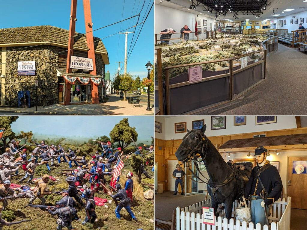 This collage features four images from the Gettysburg Diorama and History Center. The first image shows the stone-clad exterior with the center