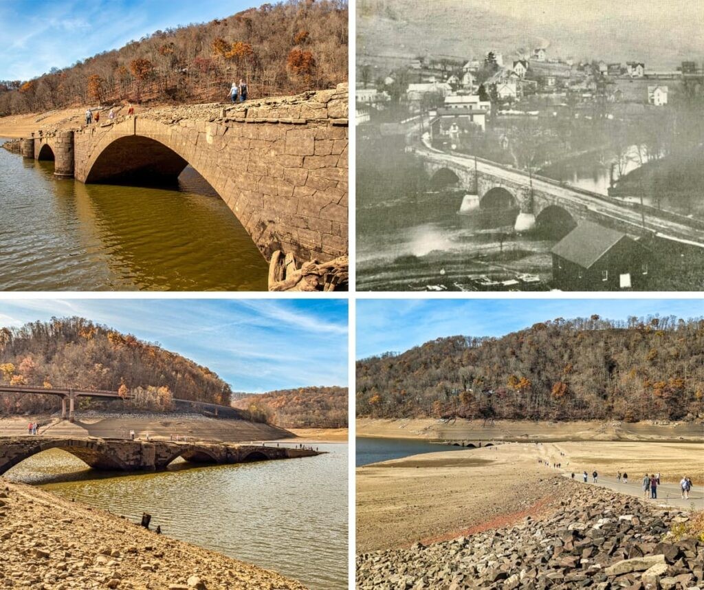 A collage of four images featuring the Great Crossings Bridge in Somerset County, PA. The top left image shows visitors walking along the exposed stone arches of the historic bridge against a backdrop of fall foliage. The top right is a vintage black-and-white photo of the bridge leading into the former town of Somerfield. The bottom left image captures a modern view of the bridge partially submerged with the Route 40 bridge overhead, while the bottom right shows a distant perspective of visitors walking along the dry lakebed toward the exposed bridge, surrounded by a rugged, rocky shoreline and autumn-colored hills.