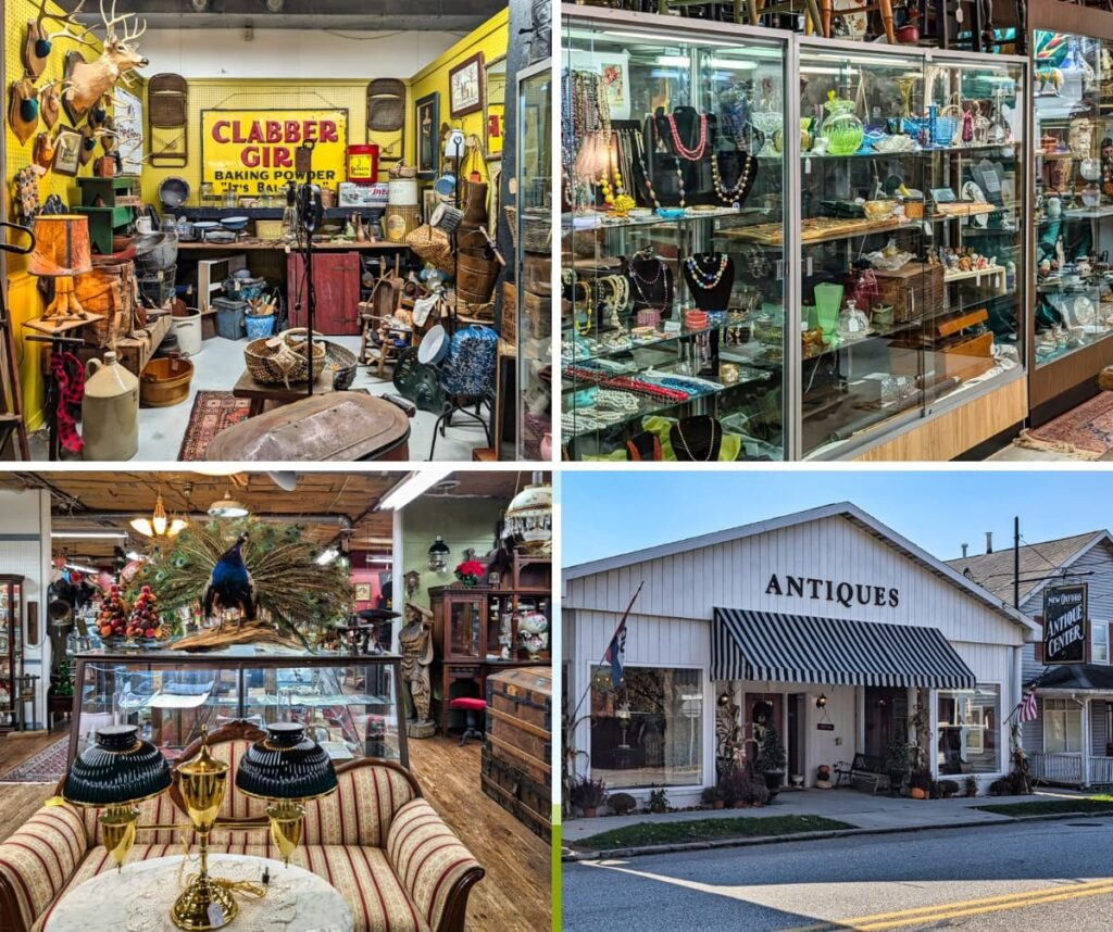 A collage showcasing highlights of the New Oxford Antique Center in Adams County, PA. The top-left image features a rustic display of vintage kitchenware, baskets, and a bold 