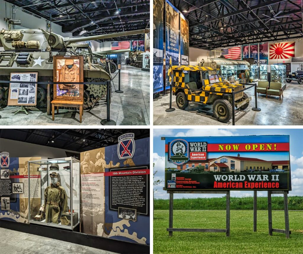 A collage of four photos taken at the WWII American Experience Museum in Gettysburg, PA, showcases various exhibits. The top left image features an M18 Hellcat tank destroyer with historical photographs and a display case containing a uniform and medals. The top right image displays a 