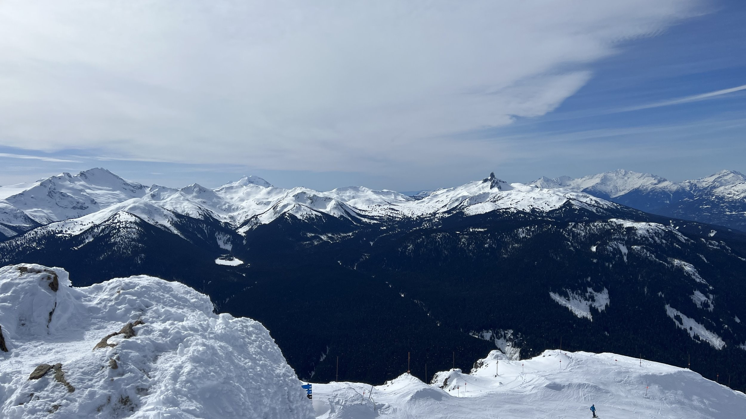 Snow-covered mountain peaks and ridges under a partly cloudy sky, with skiers visible on a slope in the foreground.