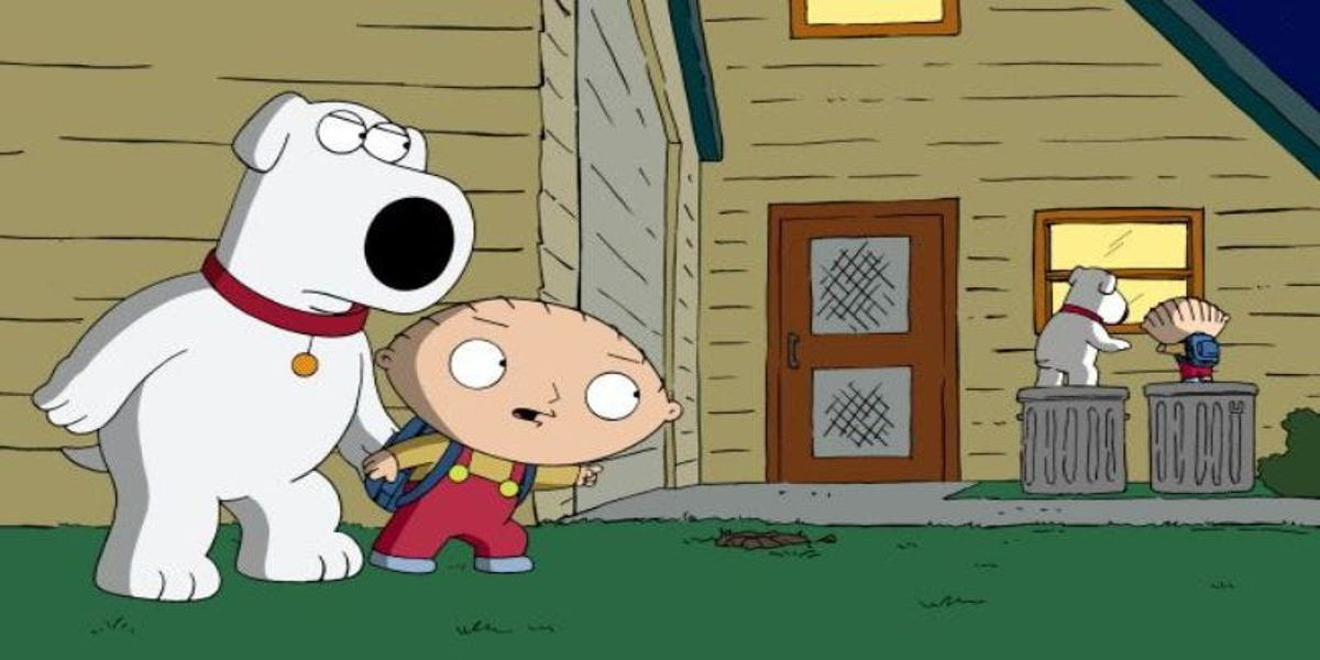 Brian and Stewie watch other versions of themselves looking in a window in the Family Guy episode Back to the Pilot