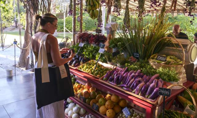 he same woman closely examining vegetables at the market stall, surrounded by vibrant produce, including eggplants, zucchini, and citrus fruits