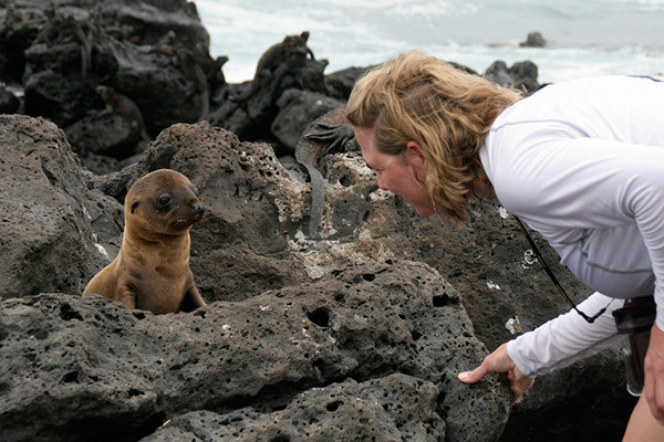 Tourist taking selfie with a baby seal in the Galapagos