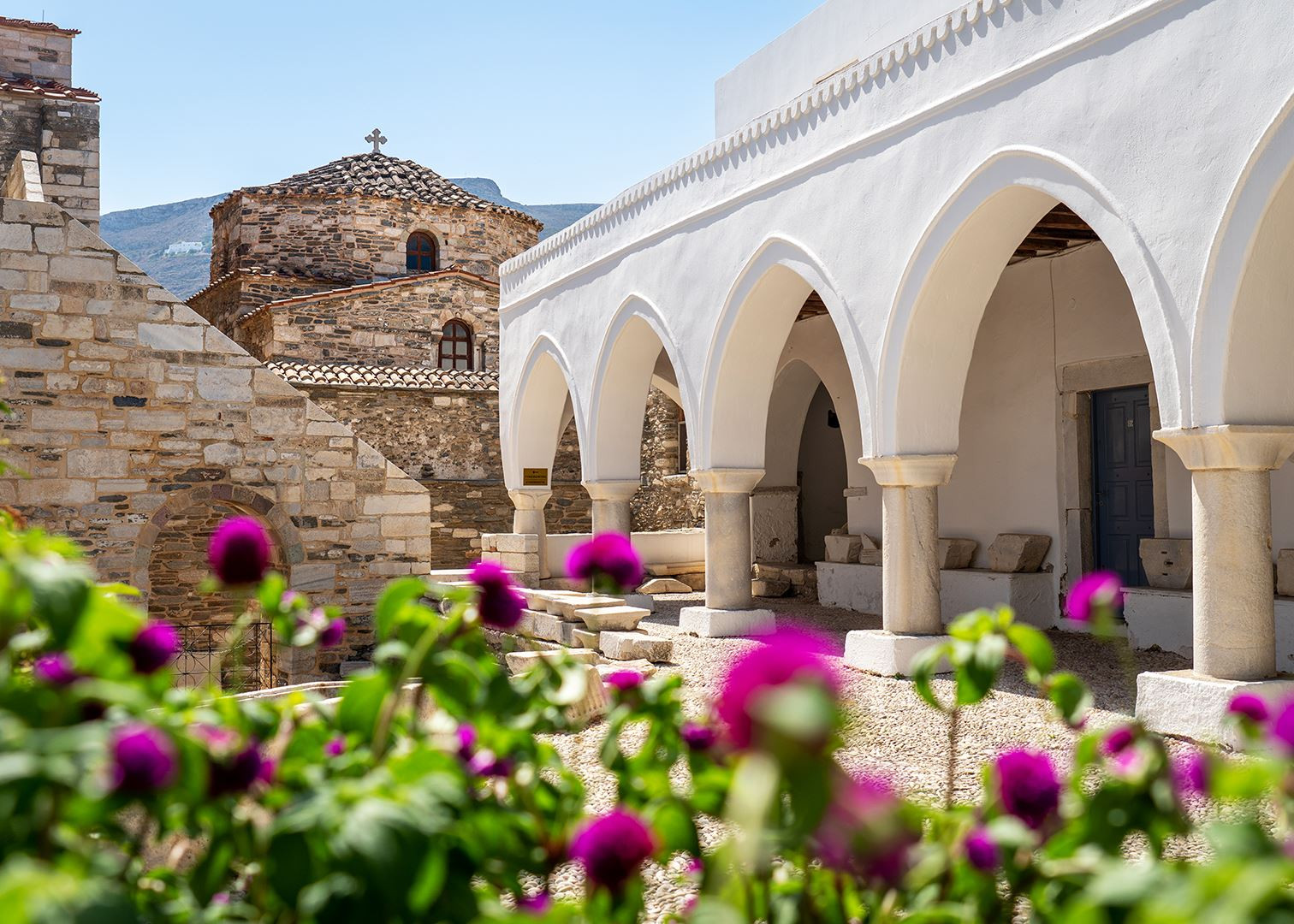 Panagia Ekatontapiliani in Paros, showcasing the island's marble churches and historical architecture.