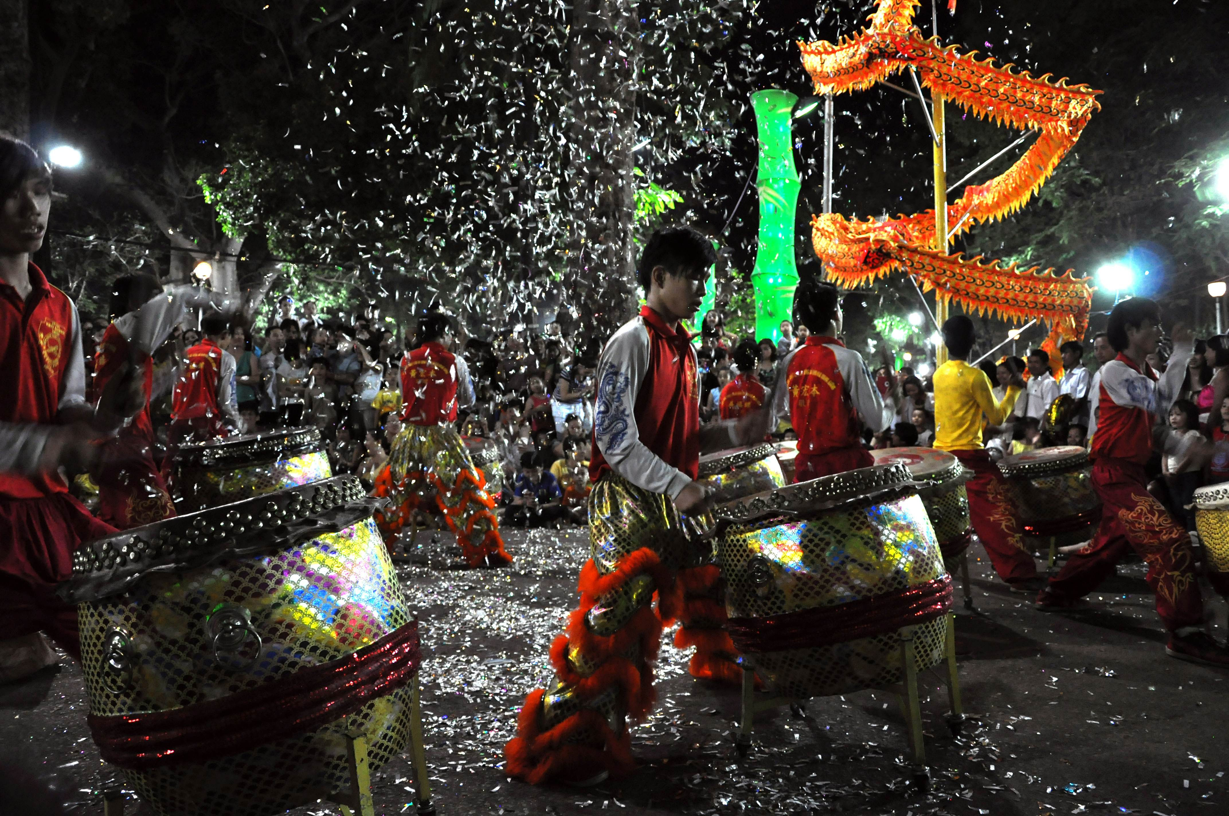 Musicians playing drums during the Tet Lunar New Year celebrations in Ho Chi Minh City, Vietnam