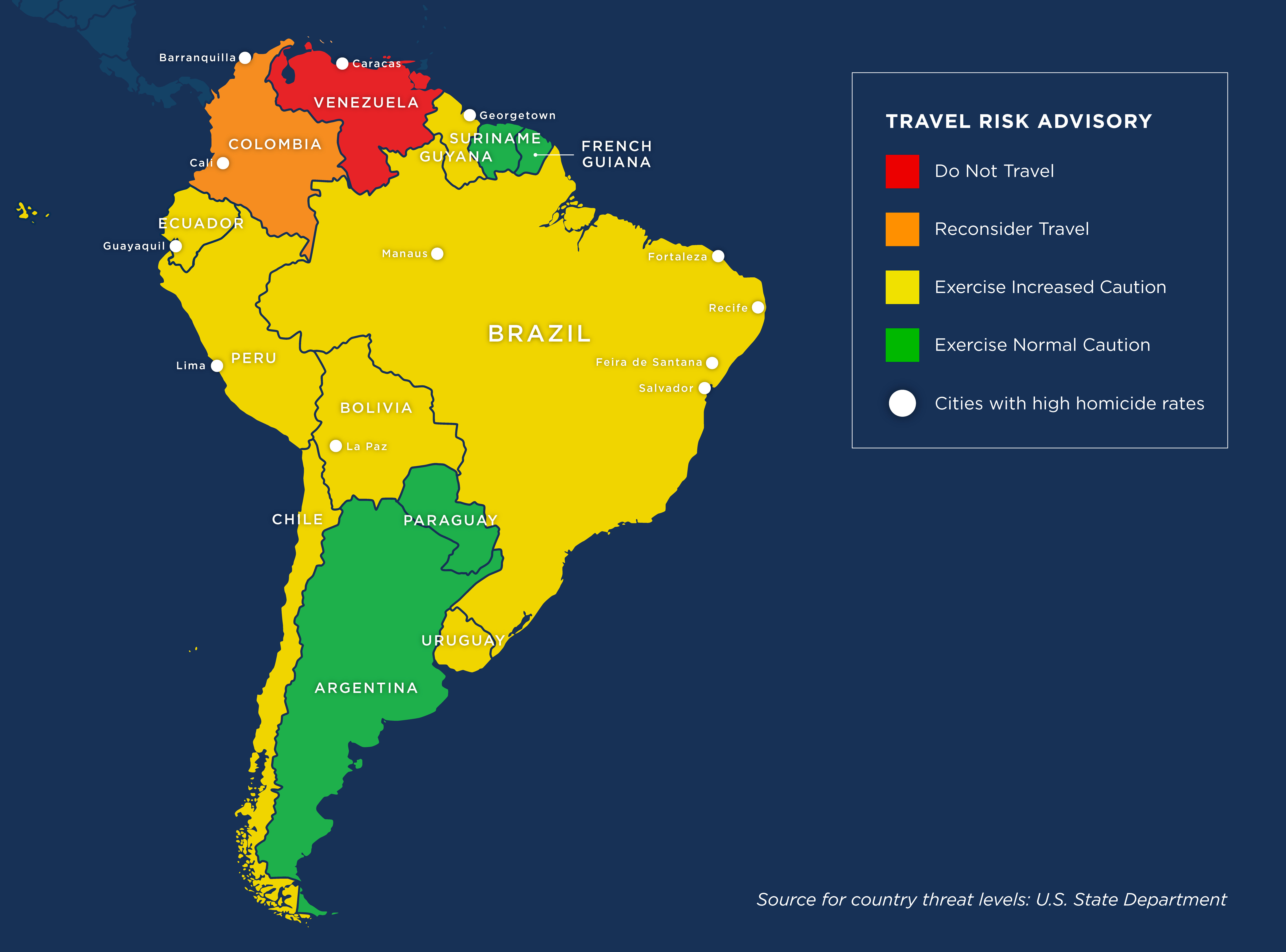 Map of South American countries by travel risk advisory