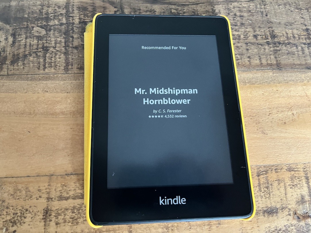 A Kindle with an ad for Mr. Midshipman Hornblower
